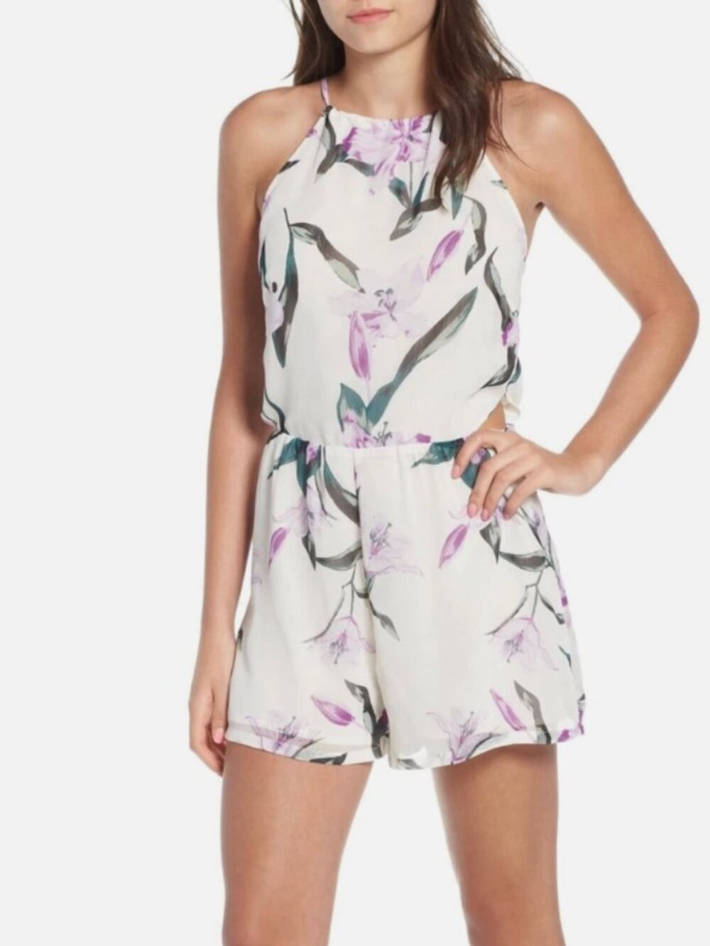 Leith Nordstrom Women Ivory Rom Floral Halter Neck Side Cutouts Romper - Size S
